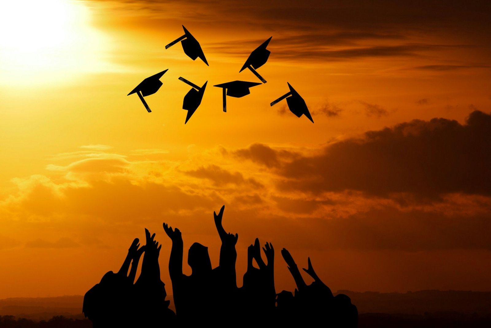 A forest green, hyperlinked, button labeled Diplomas in white, bolded, underlined text with an image of six graduates stand silhouetted in black against a sunrise/sunset with a golden-orange, cloudy sky while throwing their graduation caps in the air.