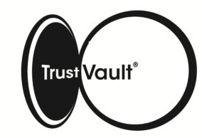 Black-and-white TrustVault logo featuring two overlapping oval outlines. The left oval has a solid black center with “Trust” in white, while “Vault” appears in black across the larger white oval on the right. A registered trademark symbol appears above the word “Vault.”
