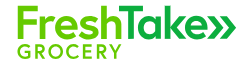 Green FreshTake Grocery logo on a white background. “FreshTake” appears in large bright-green lettering, followed by two right-facing green chevrons. “GROCERY” appears below in smaller, widely spaced capital letters.