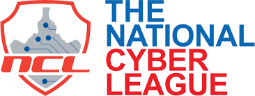 The National Cyber League Logo composed of a red, shield outline with the letters 'N', 'C', and 'L' in red font centered across the bottom half. An image of a gray circuit board with blue components and connectors is behind the text, inside the shield outline with white cutouts of two people facing each other at the top. The words 'The National' are stacked on top of each other to the right in blue, capitalized letters with the words 'Cyber League' stacked on top of each other in red capitalized letters below.
