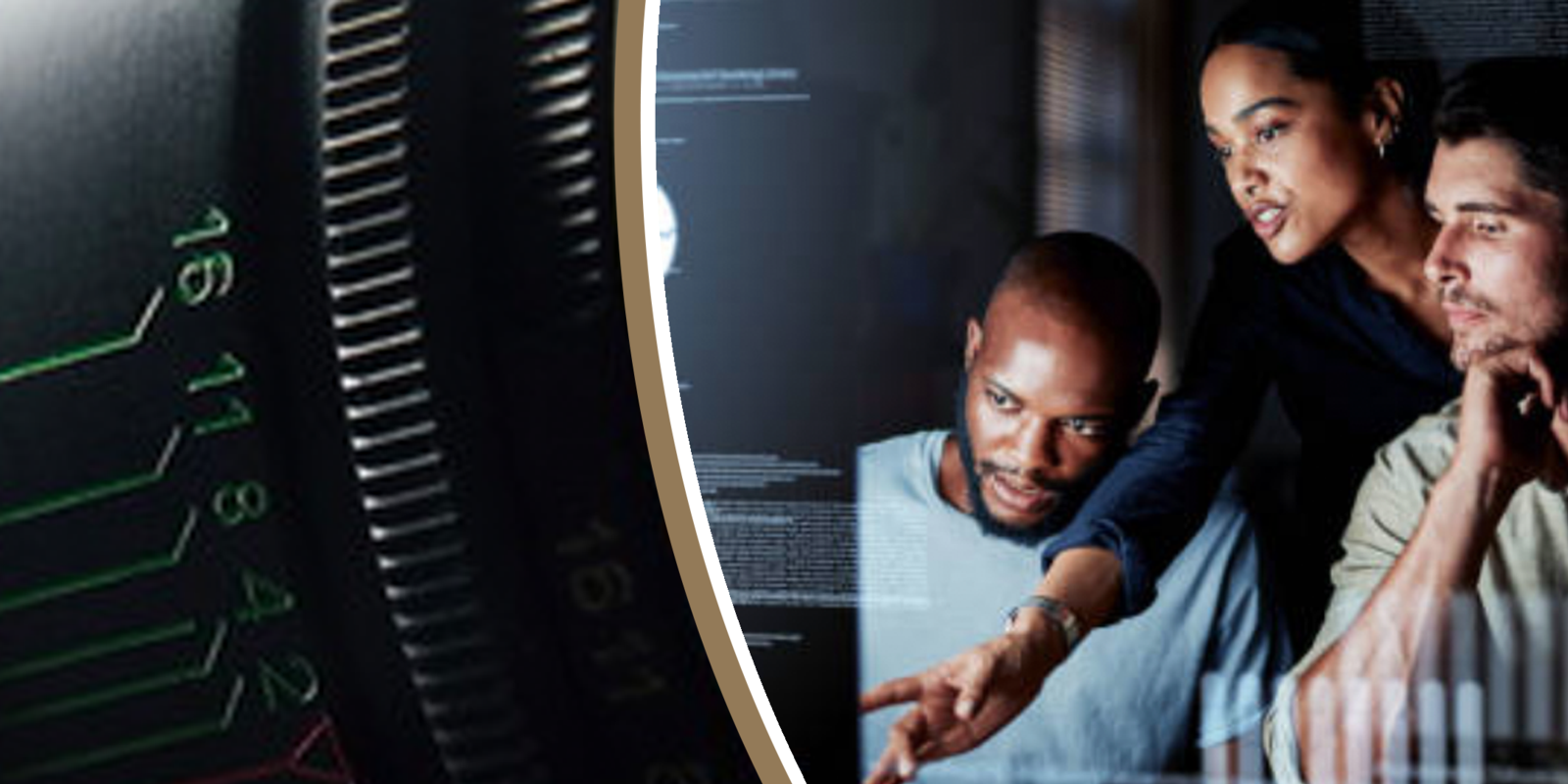 An adjustable camera lens focusing on An African American male, African American Female, and Caucasian male studying a computer screen. Source code overlaps the monitor.