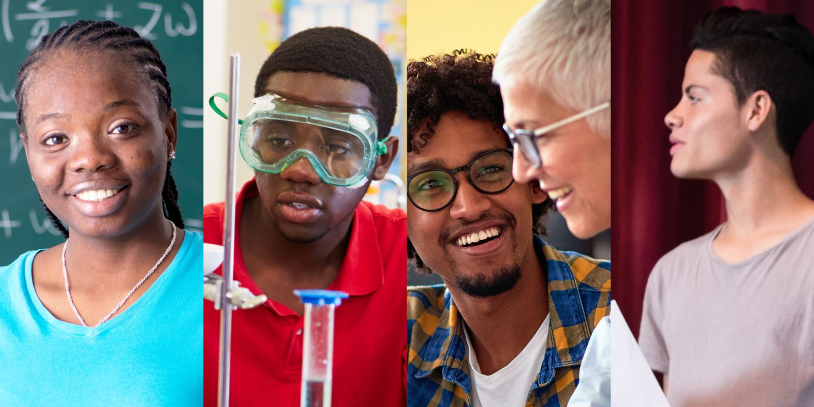 Four images representing Mathematics, Science, English, and the Arts. An African American female smiles and stands in front of a chalkboard with equations written on it wearing a teal v-neck shirt and a silver necklace. An African American male wearing goggles along with a red polo shirt and using science implements represents science. English is represented by a Latino male wearing glasses with a blue and yellow plaid shirt over a white t-shirt smiling at his instructor a Caucasian female with white hair and glasses wearing a white shirt. A Caucasian male wearing ballet clothes standing on a stage and reading a scrip represents the arts.