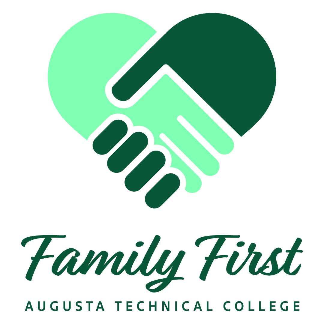 Family First Logo composed of a mint green and heritage green hand clasping to form the shape of a heart. The words Family First are in large heritage green, cursive font with the words Augusta Technical College in smaller sans-serif heritage green font centered below. 