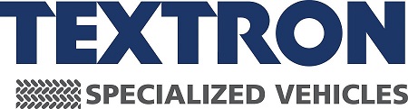 Textron Specialized Vehicles logo composed of the word Textron in large navy blue font. A herringbone tire tread graphic is on the line below with the words Specialized Vehicles in medium gray font to the right.