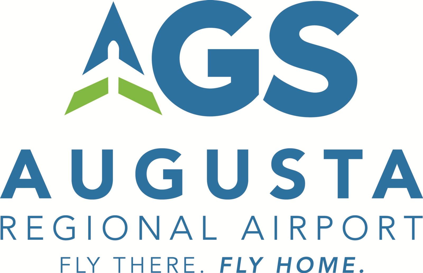 Augusta Regional Airport logo composed of the letters AGS where the A is a paper airpane seen from the top with blue, white, and green chevrons bisected by a white line while the G and S are in blue font. The word Augusta is in blue capitalized bolded letters on the line below followed by the words Regional Airport in regular weight letters on the third line. The slogan Fly There. Fly Home is on the fourth line with Fly There. in light blue font and Fly Home. in blue font.