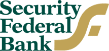 Security Federal Bank logo composed of the Security, Federal and Bank in forest green font with each word on a separate line. A gold curvy line spans the three lines on the right side and has a gold rhombus to the right forming a stylized F.