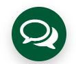 A green speech bubble with a white outline coming from the left overlapping a white speech bubble coming from the right on a round forest green circular button.