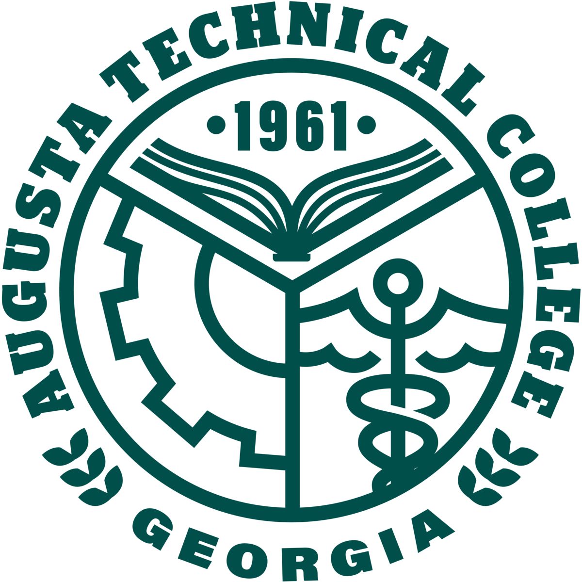 Augusta Technical College seal in Heritage Green composed of the words Augusta Technical College circling the top 3/4s of a circular outline. The word Georgia is centered at the bottom outside the circular outline, separated from the words Augusta and College by three stylized laurel leaves. The inner part of the circular outline is divided into three sections by lines forming a capitalzed Y. The upper section includes the image of an open book as seen from the bottom edge with the year 1961 above it framed by two small diamonds. The bottom left section contains an outline of a gear with the hollow center of the gear opening to the center of the Y. The bottom right section contains the outline of a caduceus. 