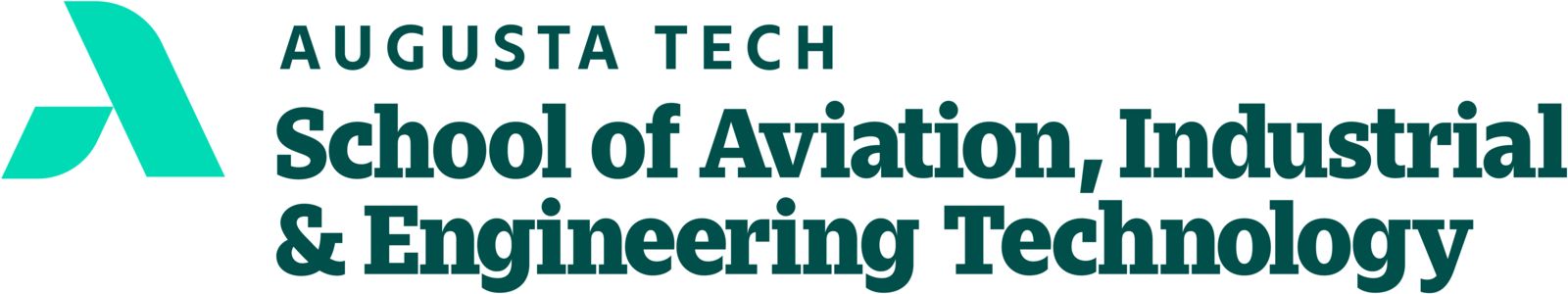 An uppercase abstract A in mint green composed of a smaller leg representing Augusta Technical College supporting the larger leg representing the Augusta Community and economy. The words Augusta Tech and School of Aviation, Industrial and Engineering Technology are in heritage green font to the right of the a, stacked in three horizontal rows with School of Aviation, Industrial, and Engineering Technology in bold font.