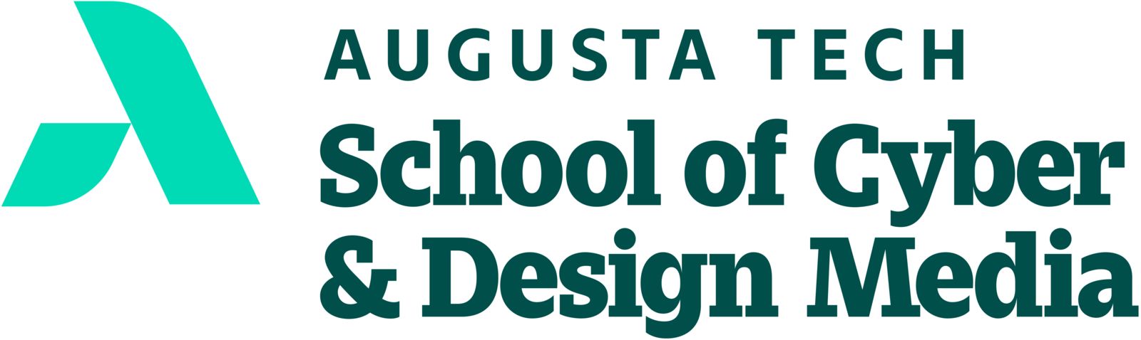 An uppercase abstract A in mint green composed of a smaller leg representing Augusta Technical College supporting the larger leg representing the Augusta Community and economy. The words Augusta Tech and School of Cyber and Design Media are in heritage green font to the right of the a, stacked in three horizontal rows with School of Cyber & Design Media in bold font.