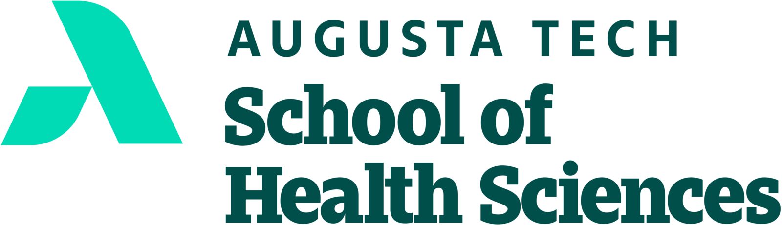 An uppercase abstract A in mint green composed of a smaller leg representing Augusta Technical College supporting the larger leg representing the Augusta Community and economy. The words Augusta Tech and School of Health Sciences are in heritage green font to the right of the a, stacked in three horizontal rows with School of Health Sciences in bold font.