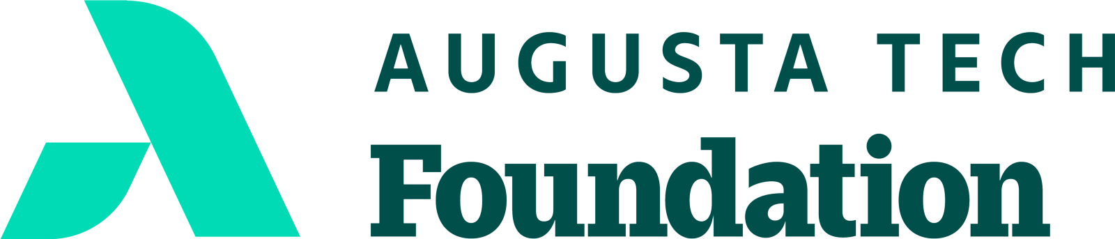 An uppercase abstract A in Mint Green composed of a smaller leg representing Augusta Technical College supporting the larger leg representing the Augusta Community and economy. The words Augusta Tech are stacked horizontally above the bolded word foundation in heritage green font to the right of the A.
