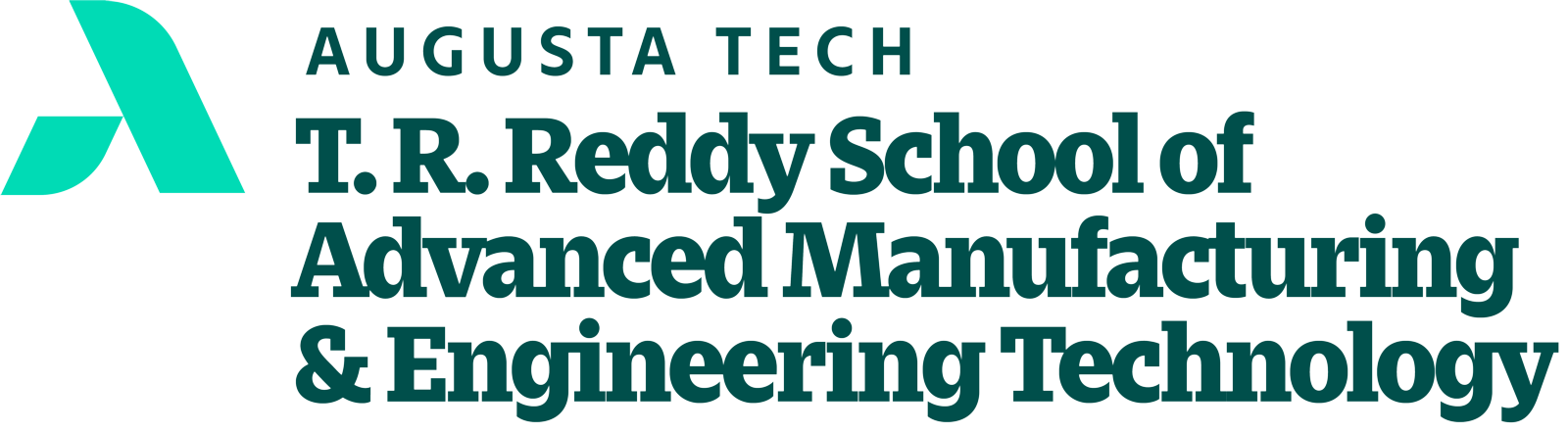 An uppercase abstract A in mint green composed of a smaller leg representing Augusta Technical College supporting the larger leg representing the Augusta Community and economy. The words Augusta Tech and T.R. Reddy School of Advanced Manufacturing & Enginering Technology are in heritage green font to the right of the a, stacked in three horizontal rows with T.R. Reddy Advanced Manufacturing & Engineering Technology in bold font.