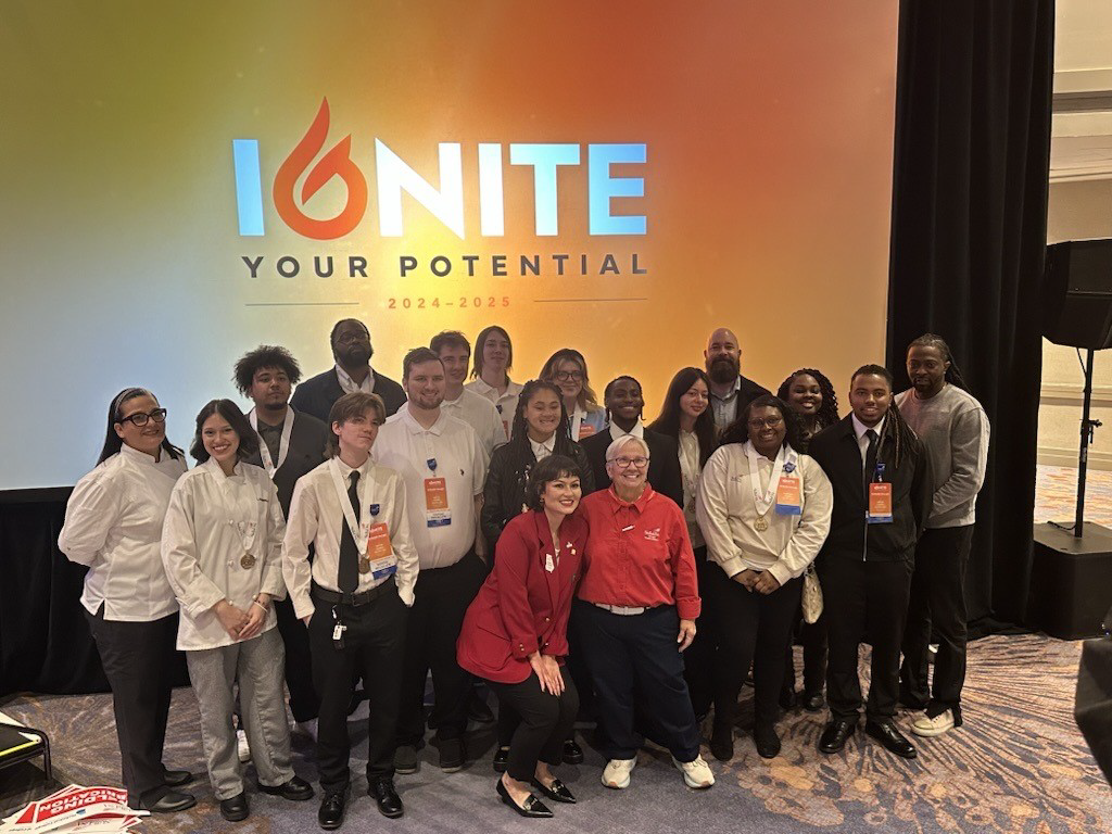 2025 SkillsUSA participants with instructors Sherrie Rowe and Chef Laura Martinez.