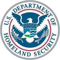 Homeland Security seal featuring an eagle with a shield composed of three sections: stars, land/sky, and water. and holding a laurel leaf in one claw and arrows in the other.