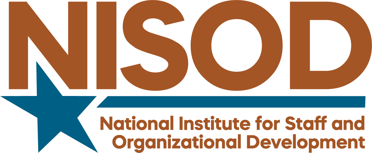 The NISOD logo composed of NISOD in capitalized, bold burnt orange font. A navy blue star is angled with the top point between the left and center legs on the N and a navy blue horizontal line is even with the right point of the star separated by white space. The line separates NISOD from the words National Institute for Staff and Organizational Development in smaller burnt orange font which is also positioned to the right of the star and below the blue line.