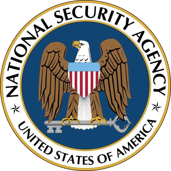 National Security Agency (NSA) seal featuring an eagle behind a shield composed of a blue horizontal bar with red and white vertical stripes and holding a key.