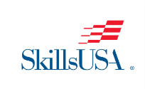 SkillsUSA in blue font with the s in skills and USA capitalized followed by the trademark symbol. Three red, vertically stacked, streamers blow in the wind from right to left above USA.