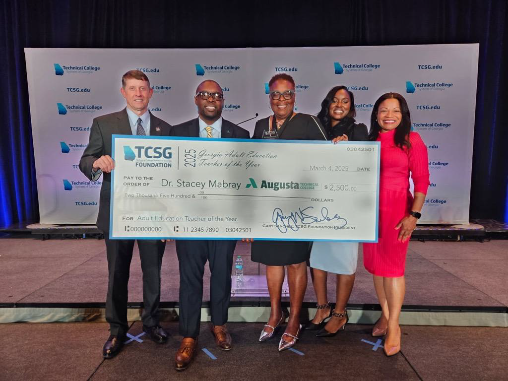 L-R: Greg Dozier, TCSG Commissioner; Dr. Jermaine Whirl, ATC President; Dr Stacey Mabray, 2025 TCSG Outstanding Adult Education Teacher of the Year; Angela Moseley, Dean, ATC Adult Education; Dr. Cayanna Good, TCSG Assistant Commissioner