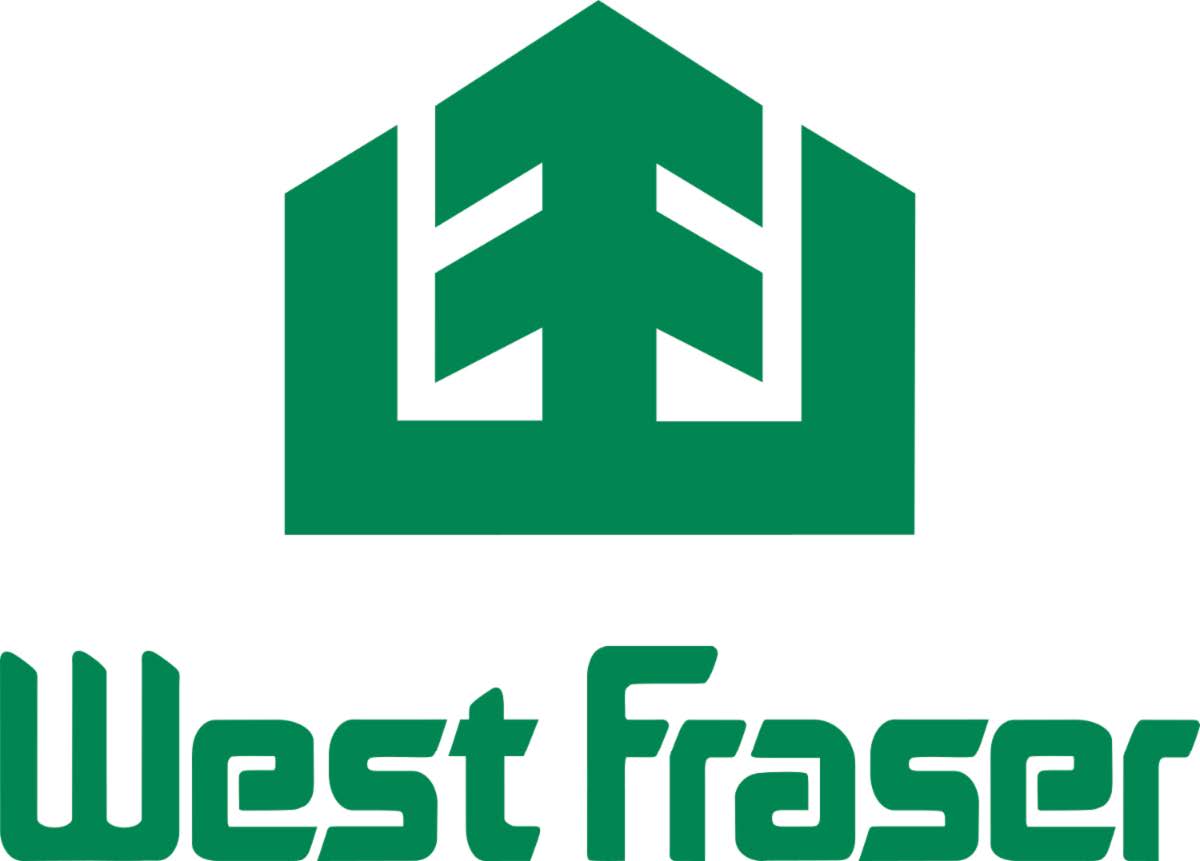 West Fraser logo composed of an opened topped square formed from green lines with the left and righ line ending in a diagonal. A tree symbol composed of a single vertical line with two chevrons forming the branches is centered in the square. The words West Fraser are in a stylized green font along the bottom.