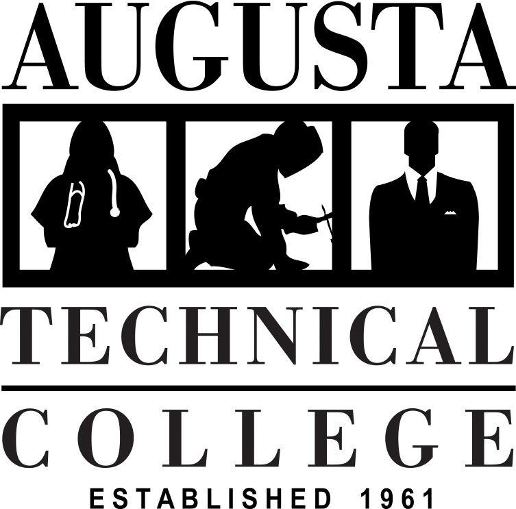 The Augusta Technical College Logo that is black in color.  The logo is a square shape that contains vertical stacking of the words Augusta Technical College Established 1961 in all caps.  The words AUGUSTA and TECHNICAL are separated by a row containing three squares.  Each square contains a silhouette image.  The first square contains a female with a white stethoscope around her neck.  The second square contains a person kneeling to the right wearing a welding helmet and holding a welding torch.  The third square contains a man standing at attention wearing a black business suit with a white pocket square, white collar dress shirt, and a black neck tie.  The words TECHNICAL and COLLEGE are separated by a solid black horizontal line.  