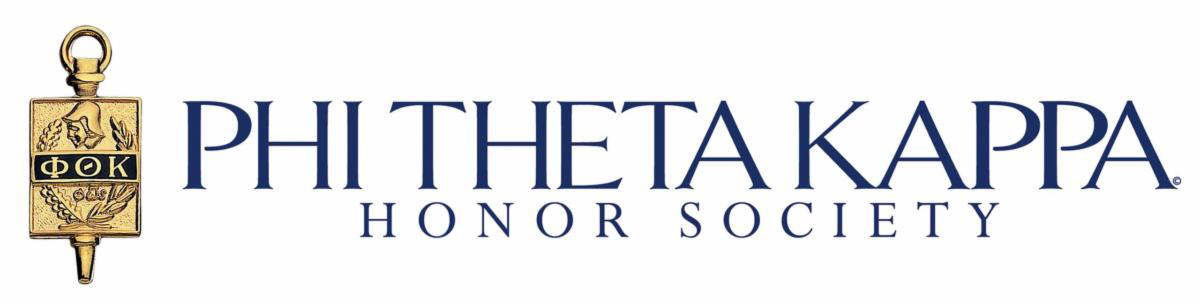 Phi Theta Kappa Honor Society Logo - Phi Theta Kappa Honor Society logo composed of the Phi Theta Kappa gold pin on the left with the words Phi Theta Kappa and Honor Society on two rows stacked horizontally. Phi Theta Kappa is in a bolder navy blue font and extends the rest of the width of the logo while the words Honor Society are in a smaller font-size of the same navy blue font and centered between the I of Phi and the first P of Kappa.