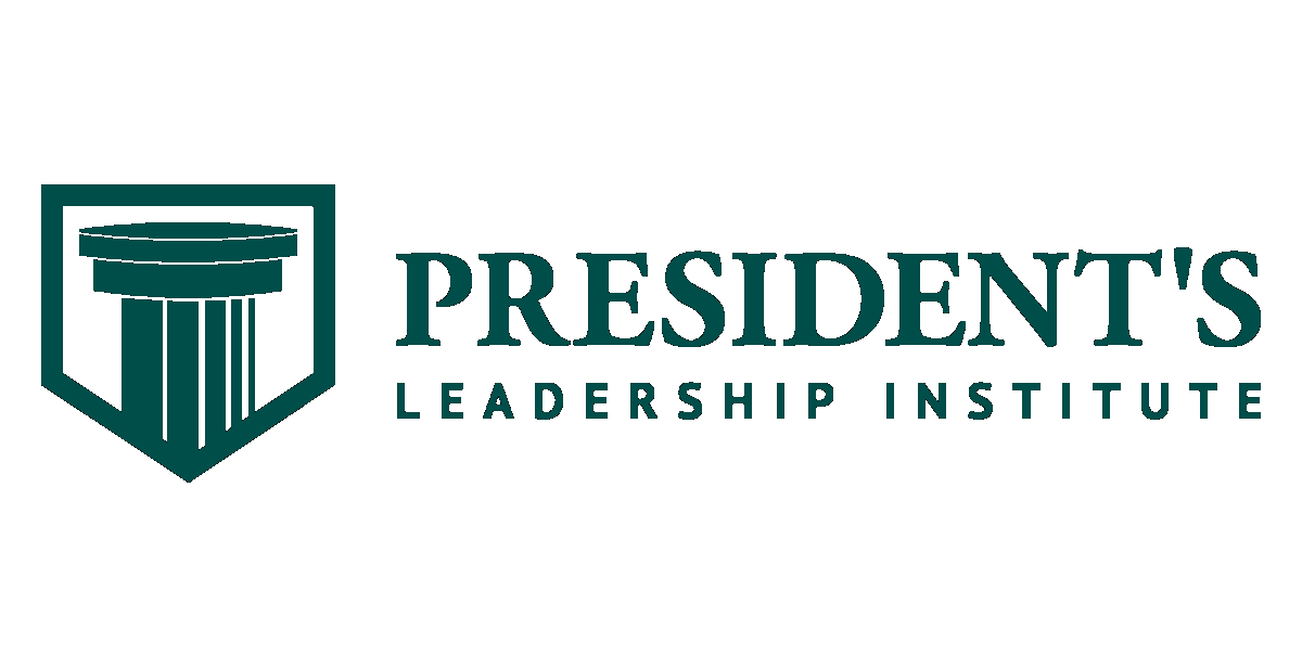 President's Leadership Institute logo in forest green composed of the upper portion of a roman column with the shading and background color in white centered inside an inverted pentagon outline. The words President's Leadership institute are stacked in two horizontal rows to the right, with president's in large bold font and leadership institute in smaller regular font.