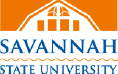 The Savannah State University logo that is a square shape in orange and blue. The logo is a square shape that contains a silhouette of a the roof top of Hill Hall. Within the silhouette are the shape of two windows on one row and four orange squares on the next row.  The words SAVANNAH AND  STATE UNIVERSITY are blue and are separated by an orange wavy horizontal line representing water.