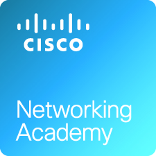 Cisco Networking academy logo - a blue square with the cisco logo in the upper left corner composed of the word cisco in bolded white font and a sound wave graphic with two waves above it. The words Networking Academy are stacked on two horizontal lines in white font.