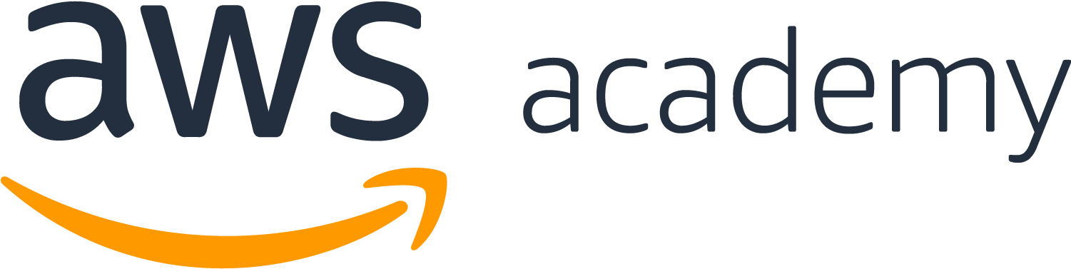 aws academy logo - thebold lower-case letters aws with a yellow concave arrow pointing towards the right arcing underneath. The word academy is in black font to the right of aws.