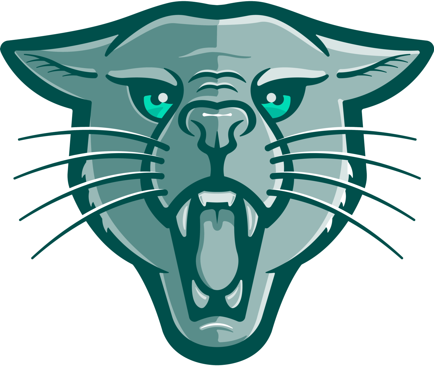 A Heritage Green outline of a roaring cougar head viewed head-on with flattened ears. The left side of the face is shaded a medium opacity Heritage Green with the right side of the face shaded a light opacity Heritage Green. The eyes are Mint Green and it is all on a white background.