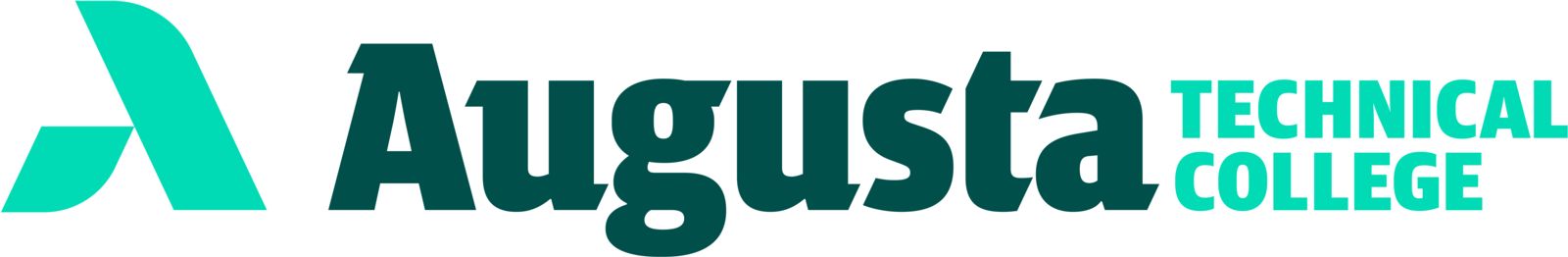 An uppercase abstract A in Mint Green composed of a smaller leg representing Augusta Technical College supporting the larger leg representing the Augusta Community and economy. The word Augusta is in large, Heritage Green font to the right of the abstract A with the words Technical and College stacked horizontally in smaller, Mint Green font to the right of the word Augusta.