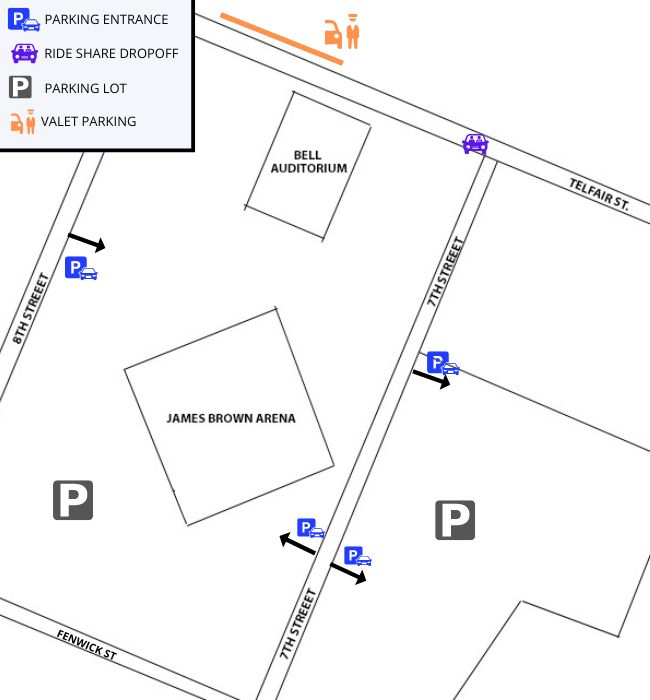 Map of streets and parking options surrounding Bell Auditorium.
