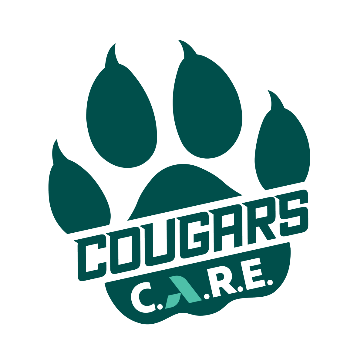 Cougars C.A.R.E logo - A heritage green cougars paw print with the word Cougars in stylized forest green font across the pad of the paw. The C.A.R.E acronym is below the word Cougar just  above the base of the pad in white font, except the A which is an uppercase abstract A in Mint Green composed of a smaller leg representing Augusta Technical College supporting the larger leg representing the Augusta Community and economy. 