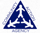 A navy blue triangle behind three white stick figures with their heads in the points of the triangle and their feet forming a smaller triangle in the center of the blue triangle. The words Community, Action, and Agency are outside the navy blue triangle in navy blue san serif font.