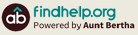 A tan box with a teal and brown logo of findhelp.org powered by Aunt Bertha