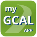 MyGCAL APP test in white in a green box with rounded edges this a light green decorative line in the center.