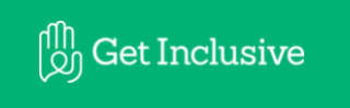 The Get Inclusive logo composed of a left hand with the head and shoulders of a person raising their left hand in the palm. Both the person and the hand are white outlines against a green background. The words Get Inclusive are to the right of them.