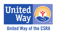 A blue rectangle with the words United Way on two rows is connected on the right to a lighter blue square containing a logo composed of a blue hand with three yellow arcs gradually increasing in size connecting the palm and fingers of the hand. The upper half of a red stick person with a separate circle representing the head is centered under the smallest yellow arc above the hand. The words United Way of the CSRA are in blue san-serif font below.