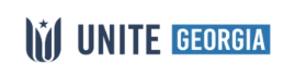 Unite Georgia logo composed of a navy blue stylized U with a white line running along the center of the U. A navy blue star is centered above the U. The word Unite is in all capitalized, navy blue letters to the right of the U followed by a light blue rectangle with the word Georgia in white font inside it.