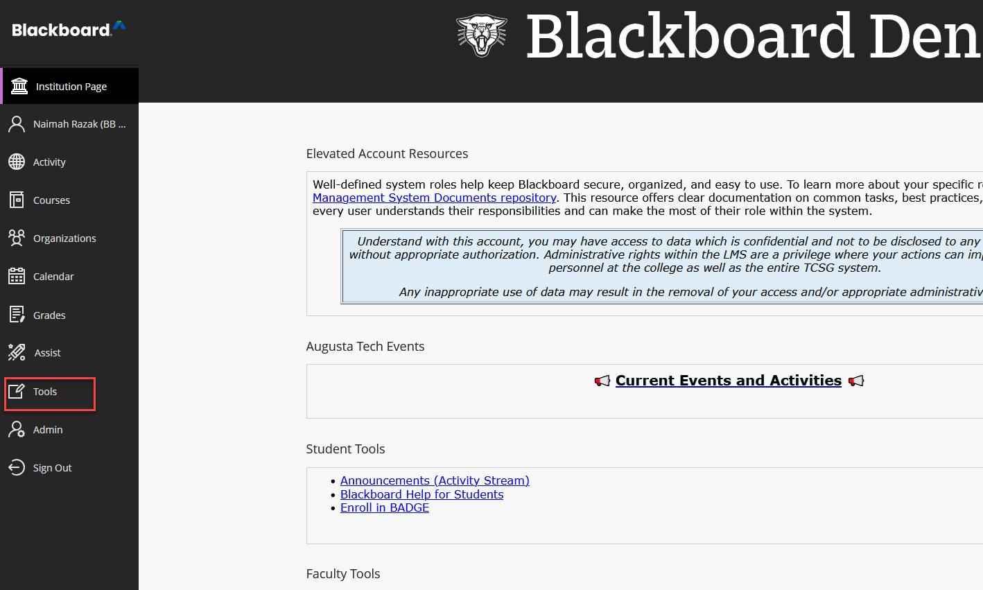Blackboard Den home page with the Tools menu item in the bottom left indicated by a red rectangular outline.
