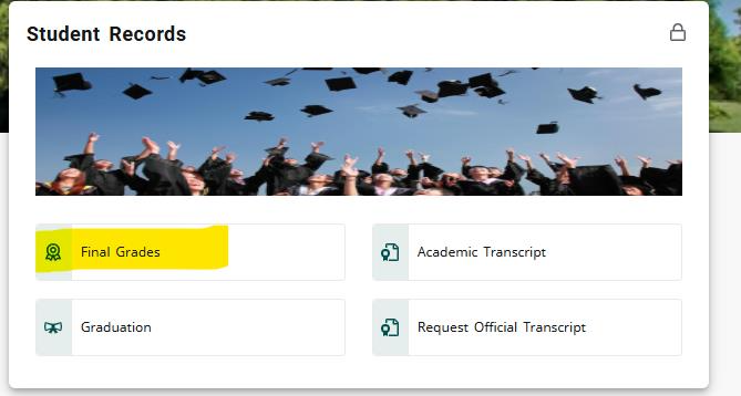 Student Records card in Cougar Web with the Final Grades link highlighted yellow.