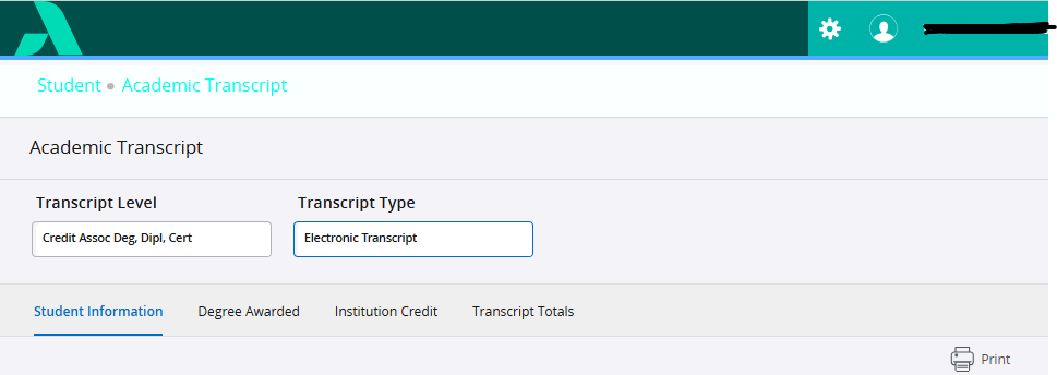 Academic Transcript page showing the Transcript Leve and Transcript Type fields.